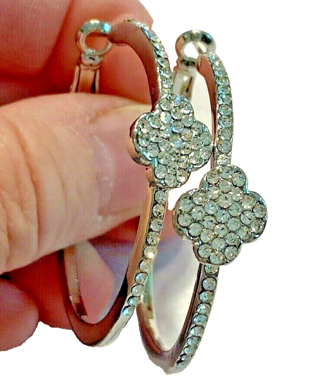 Pierced earrings silver tone hoops pave set clear white rhinestones statement